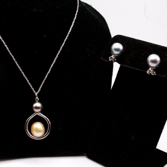 Vintage Sterling Silver Rhodium Plate Freshwater Pearl Necklace Earrings Set - Picture 4 of 6